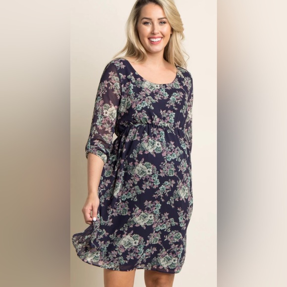 PinkBlush Navy Blue Rose Floral Printed 3/4 Sleeve Chiffon Maternity Dress - Picture 2 of 3